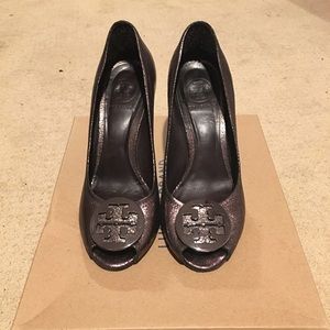 Tory Burch grey metallic wedges